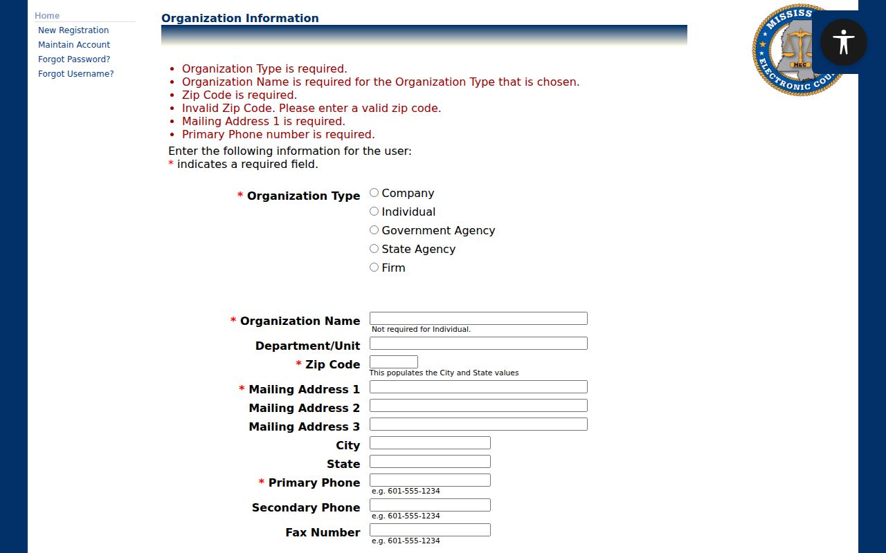 Winston case search PAMEC organization registration fields