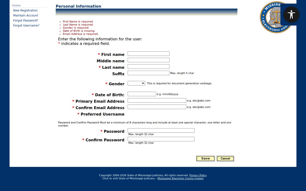 Winston case search PAMEC personal registration fields