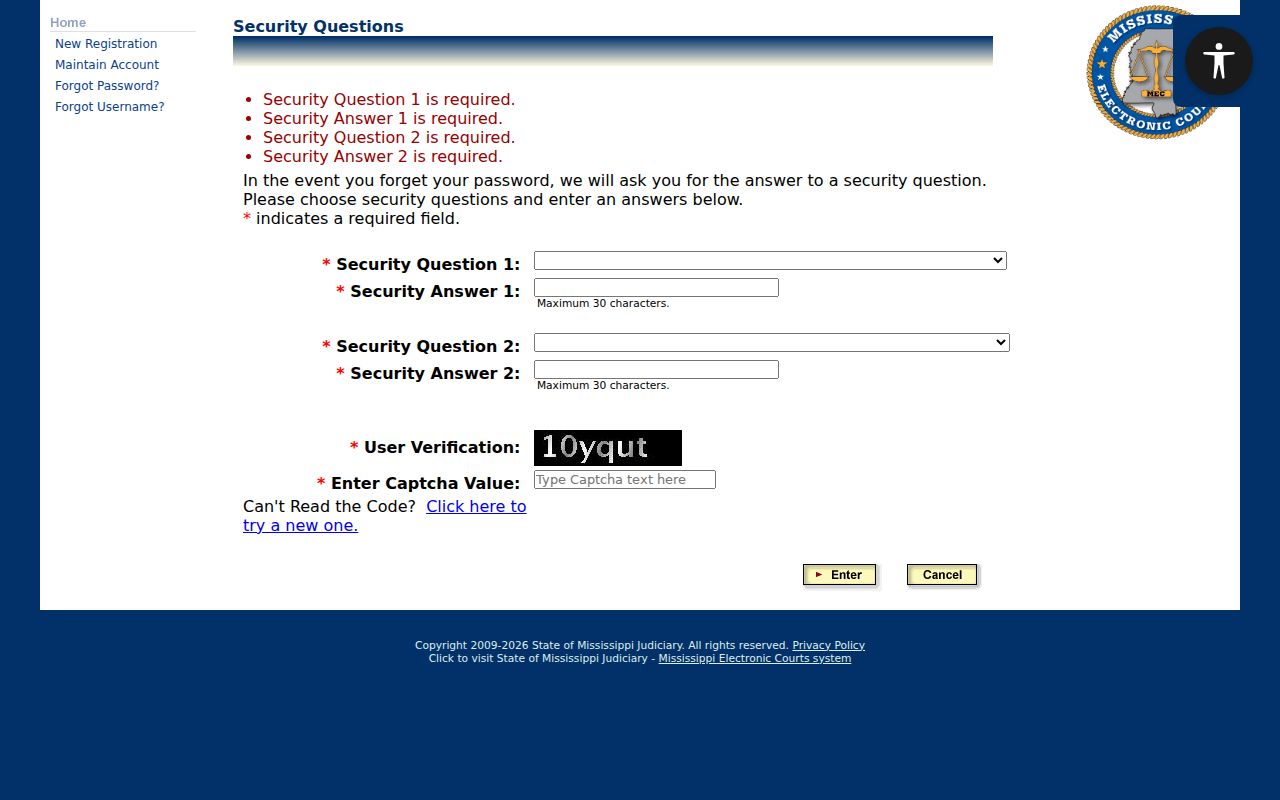Winston case search PAMEC security questions and verification image